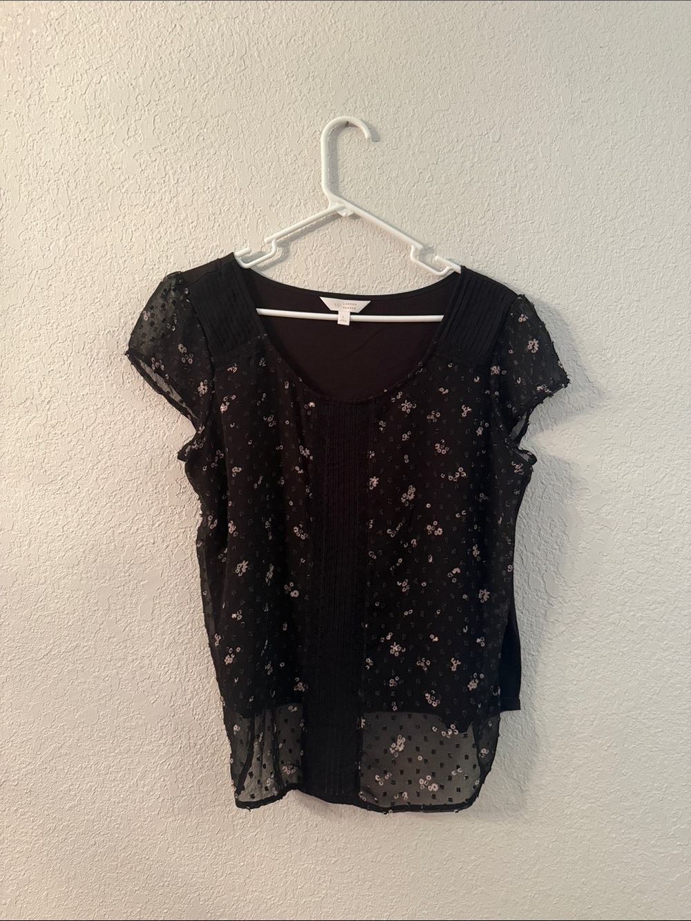 LC Lauren Conrad Black Floral Sheer Scoop Neck Blouse